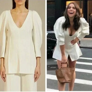 KHAITE Jenny White Woven Puff Shoulder Long Sleeve Top Long Shirt M V-neck Boho